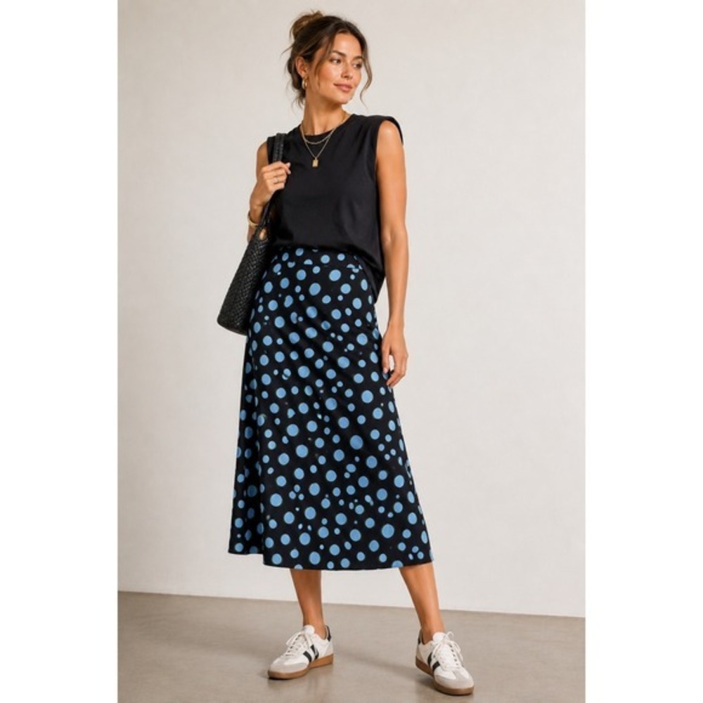 House of Holland Polka Dot Midi Skirt Black Light Blue A-Line Gold Zipper US 10